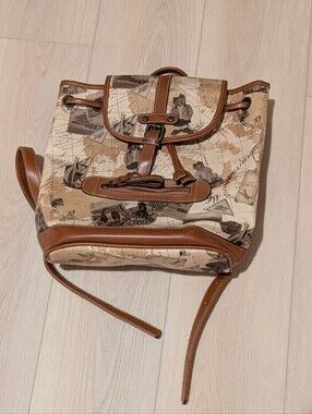 Canvas Map And Bear Print Mini Backpack with Brown Trim